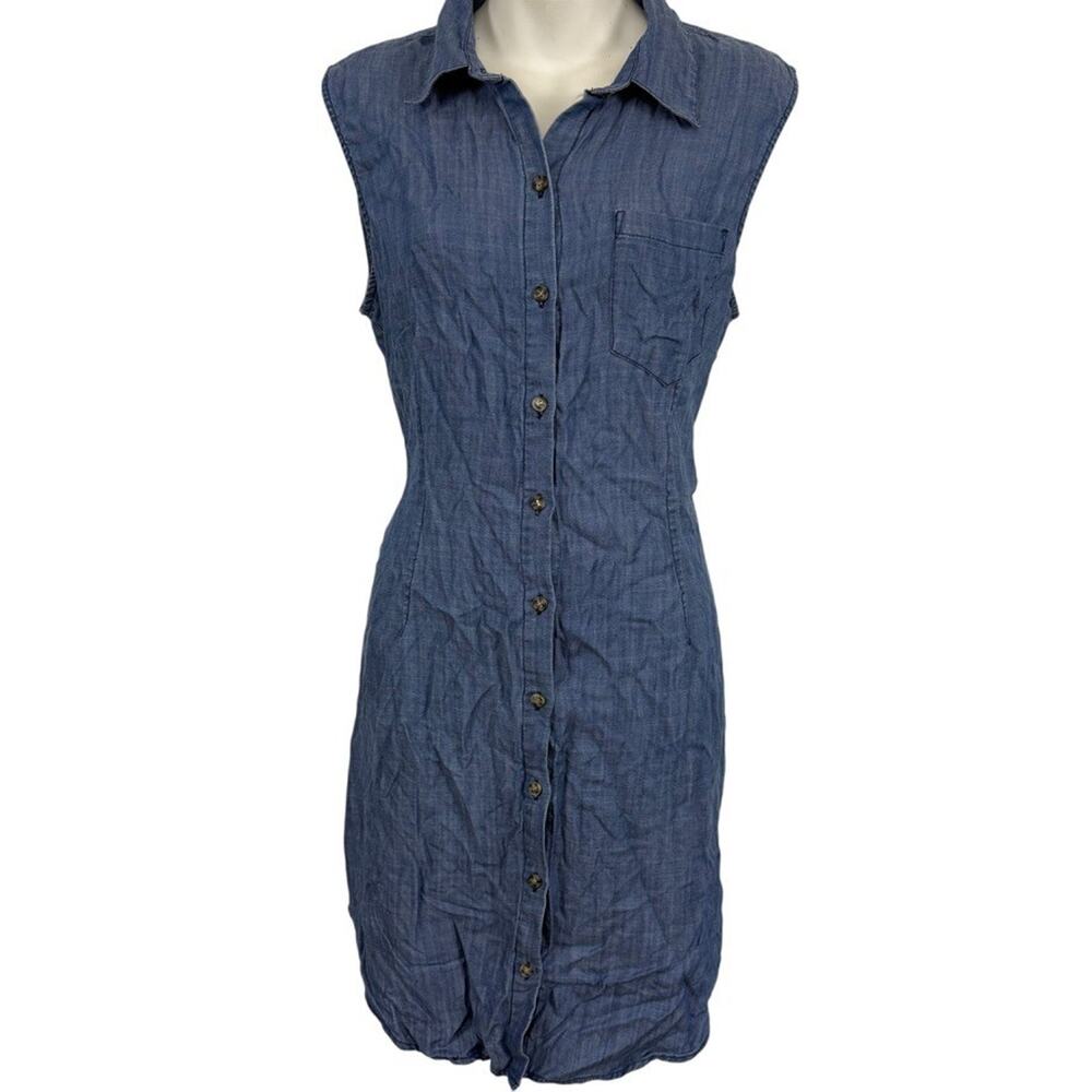 Rachel Roy Chambray Blue Button Up Open Back Shirt Style Mini Dress Soft sz L